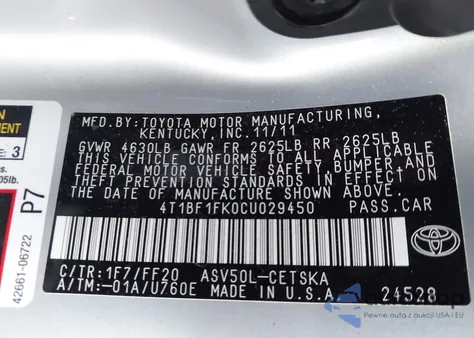 2012 Toyota Camry Se from USA, damaged, VIN 4T1BF1FK0CU029450